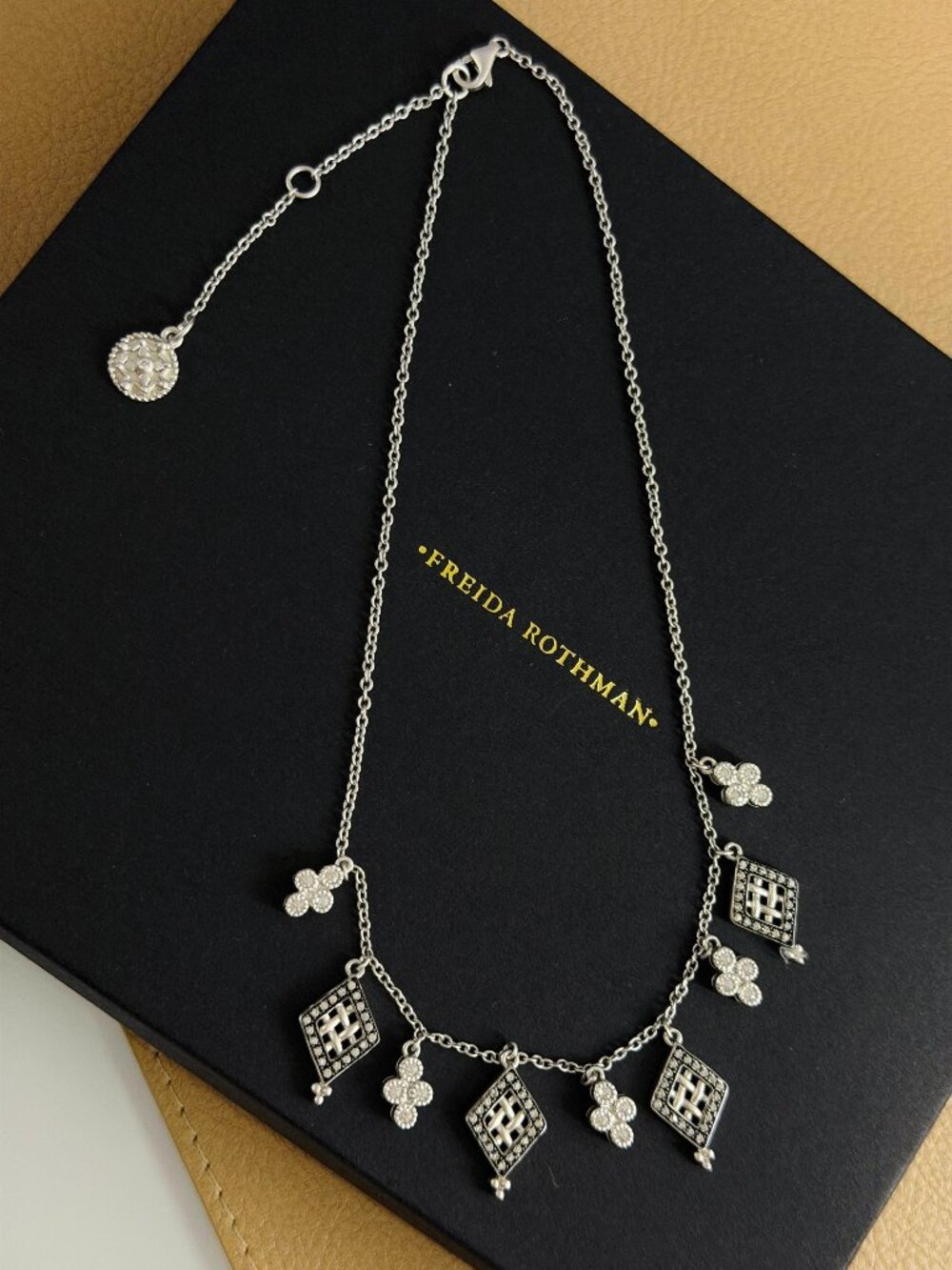FREIDA ROTHMAN - Silver Clover and Diamond Shaped Charm Necklace - Choker Style